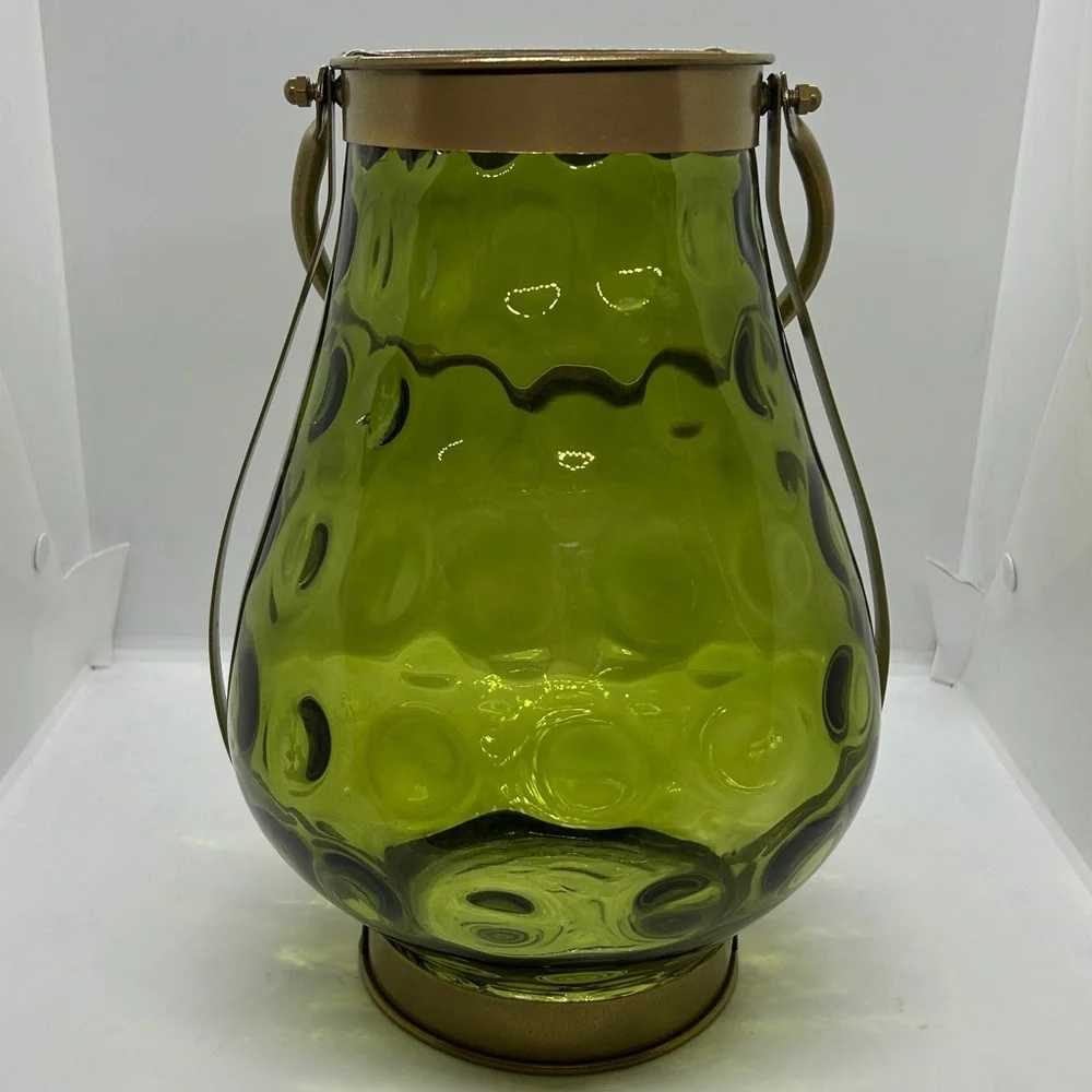 Green Glass With Gold Metal Handle Candle Holder 11” Decor